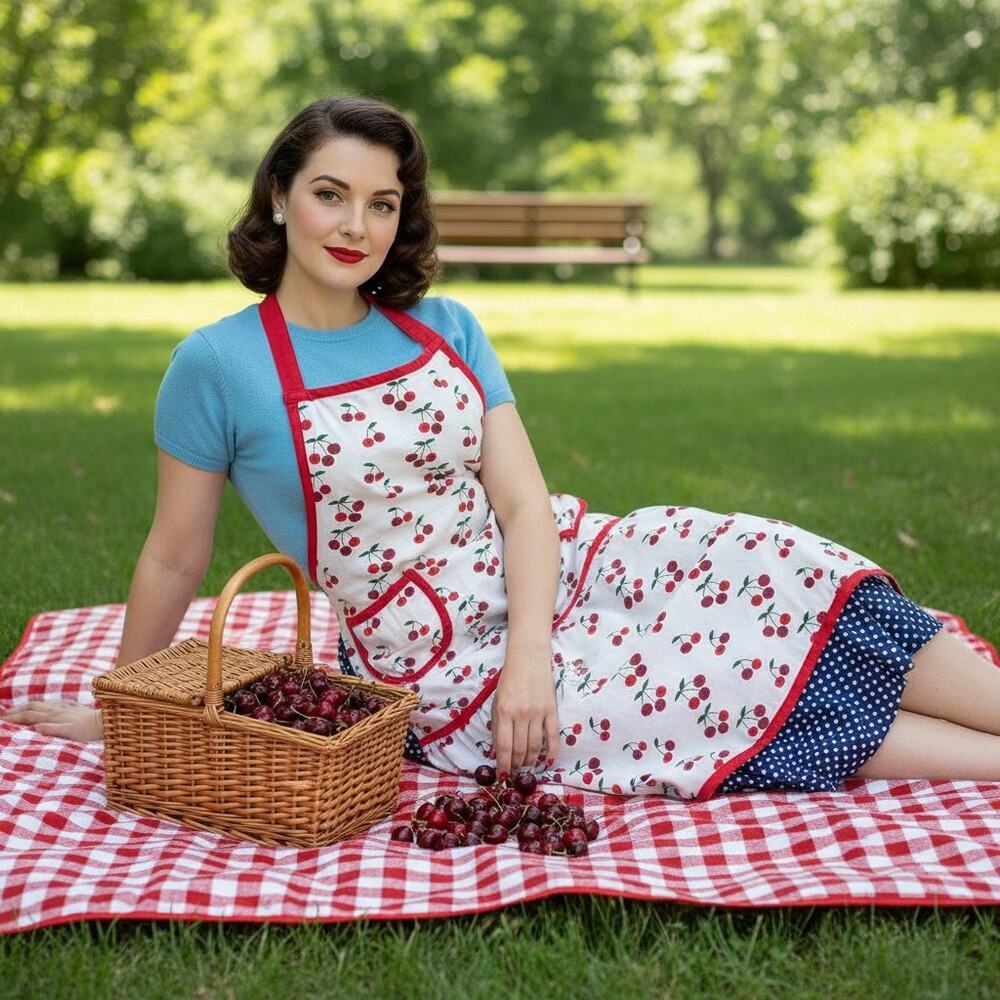 Vintage Cherry Print Apron-Cottagecore-Retro Kitchen-Hostess Red Trim-Midcentury
